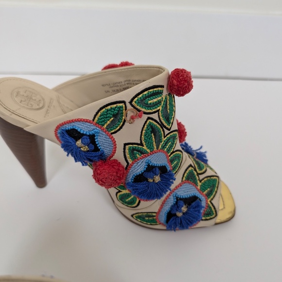 Tory Burch Multicolor Leather and Embroidered Fabric Pom Pom Open Toe Mules - Picture 7 of 11